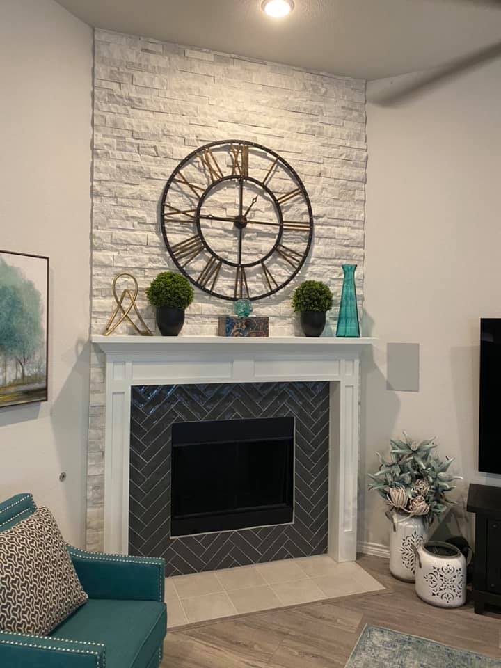 Custom stone fireplace surround and mantel renovation in Summer Creek